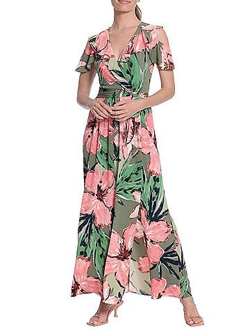 London Times Floral Print Ruffle Cold Shoulder Front Slit Maxi Dress in Green Coral (view 2)