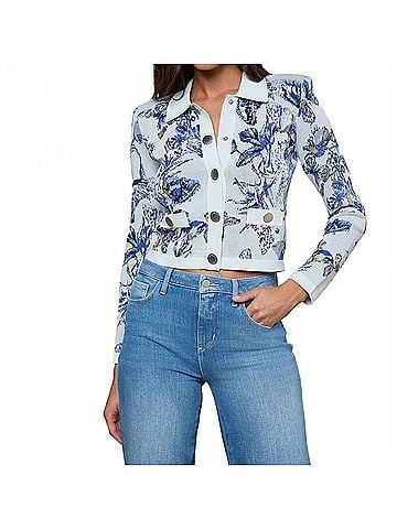 L'Agence Osiris Cardigan in Grey Multi Watercolor Butterfly Jacquard (view 2)