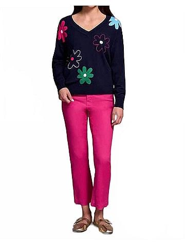 Tribal Daisy Flower Front Cotton V-Neck Sweater in Nightfall (view 2)
