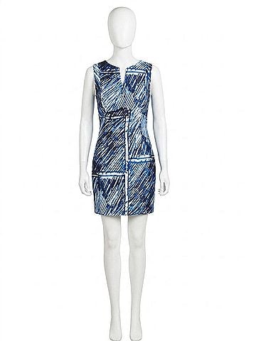 Milly V Neck Abstract Print Dress in Blue, Black, White (view 1)