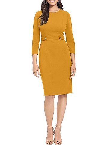 London Times Quarter Sleeve Button Waist Sheath Dress in Mustard (view 2)