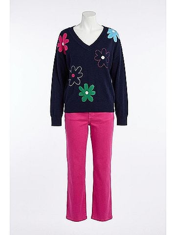 Tribal Daisy Flower Front Cotton V-Neck Sweater in Nightfall (view 1)