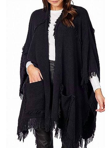 Mud Pie Whit Fringe Open Front Poncho in Black (view 2)