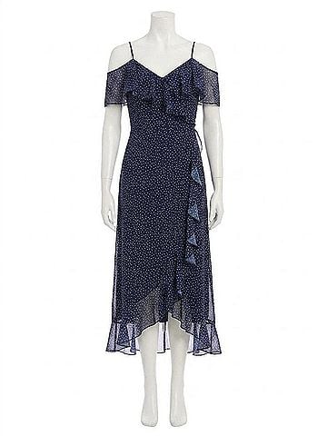 Maggy London Cold Shoulder Ruffle Wrap Maxi Dress in Navy (view 1)