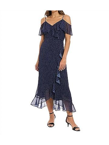 Maggy London Cold Shoulder Ruffle Wrap Maxi Dress in Navy (view 2)