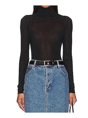 Autumn Cashmere Second Skin Sheer Mock Neck Sweater in Black (view 2)