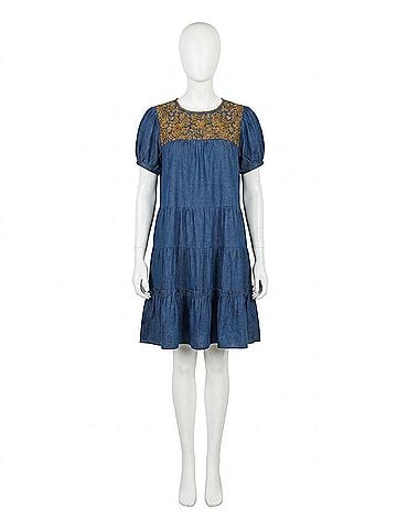 Layers Clothing Embroidered Tiered Dress in Denim (view 1)