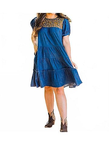 Layers Clothing Embroidered Tiered Dress in Denim (view 2)