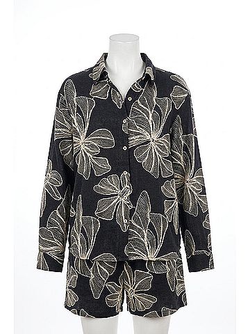Tribal Embroidered Long Sleeve Button‚ÄëFront Blouse in Black (view 1)