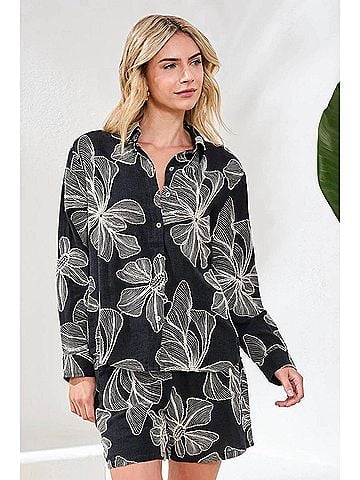 Tribal Embroidered Long Sleeve Button‚ÄëFront Blouse in Black (view 2)