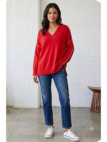 Essentiel Antwerp Inside Long Sleeve Sweater in Red With Orange Detail (view 2)