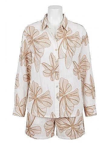 Tribal Embroidered Crosshatch Button-Front Blouse in White (view 1)