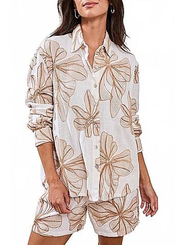Tribal Embroidered Crosshatch Button-Front Blouse in White (view 2)