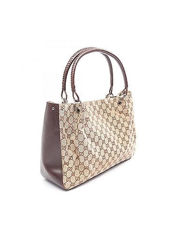 Gucci Gucci GG Canvas Tote Bag Handbag, and Leather, Women's, Beige/Brown, 115015 (view 2)