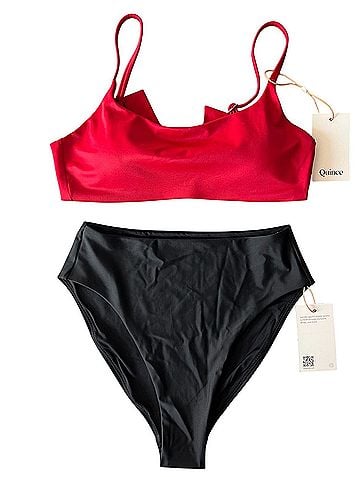 Quince Quince Italian Bikini Set Scoop Neck Top Cherry &amp; High Rise High Leg Bottom Black Two Piece Swimsuit (view 1)