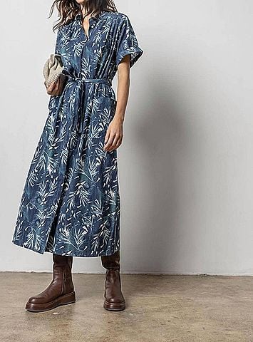 Lilla P Maxi Button Down Dress in Petrol/Ivory Print (view 2)