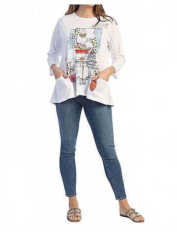 Jess & Jane Terrace Mineral Washed Patch Pocket Cotton Top in White (view 2)