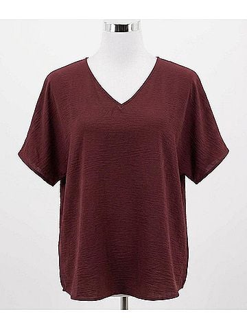Entro Solid V-Neck Top in Burgundy (view 1)
