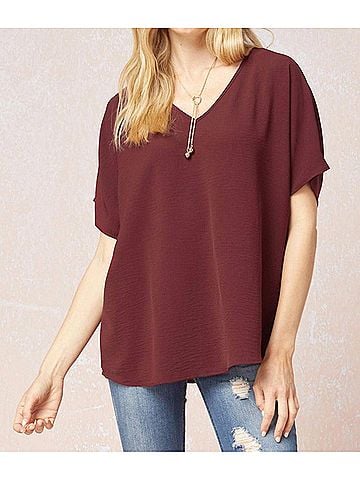 Entro Solid V-Neck Top in Burgundy (view 2)