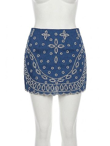 Karina Grimaldi Illiana Embroidered Linen Skirt in Denim (view 1)