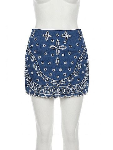 Karina Grimaldi Illiana Embroidered Linen Skirt in Denim (view 1)