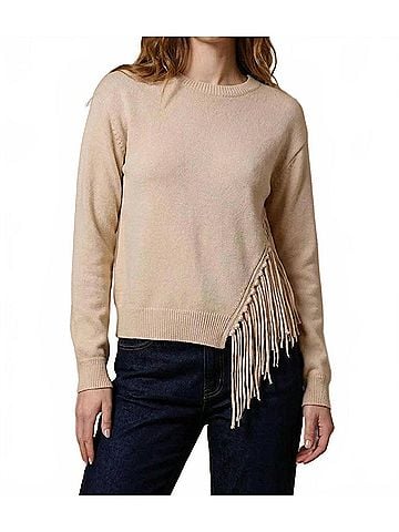 Minnie Rose Cotton Cashmere Fringe Trim Sweater in Brown Sugar (view 2)