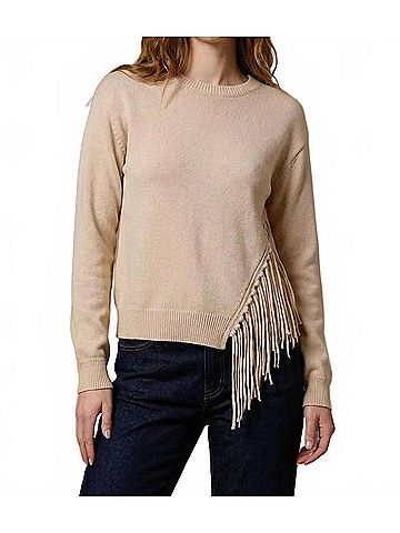 Minnie Rose Cotton Cashmere Fringe Trim Sweater in Brown Sugar (view 2)