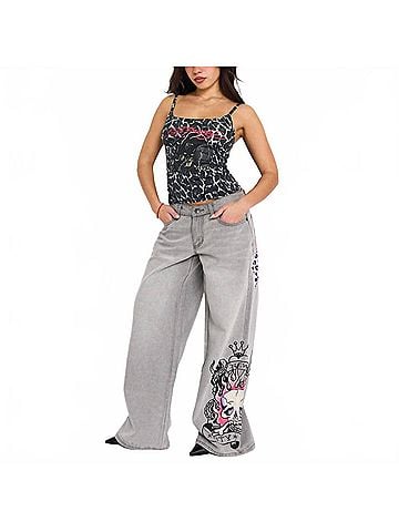 Ed Hardy Skull Flame Baggy Jeans in Light Grey (view 2)