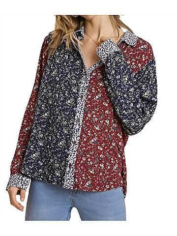 Umgee Mixed Floral Roll Tab Shirt in Floral Multi (view 2)