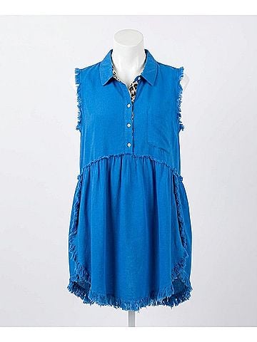 Umgee Frayed Sleeveless Tunic in Ocean Blue (view 1)