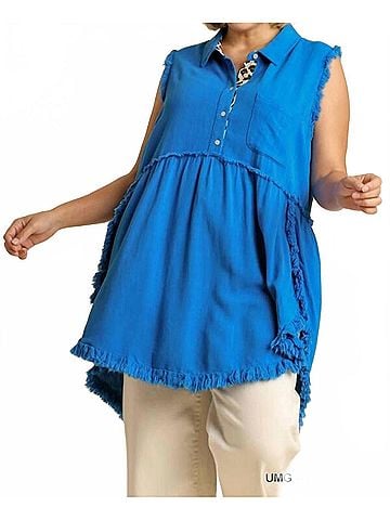 Umgee Frayed Sleeveless Tunic in Ocean Blue (view 2)