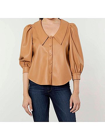 Dolce Cabo Hollie Faux Leather Blouse With Puff Sleeves in Amber (view 2)