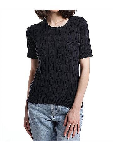 Minnie Rose Cotton Frayed Cable Tee in Navy (view 2)