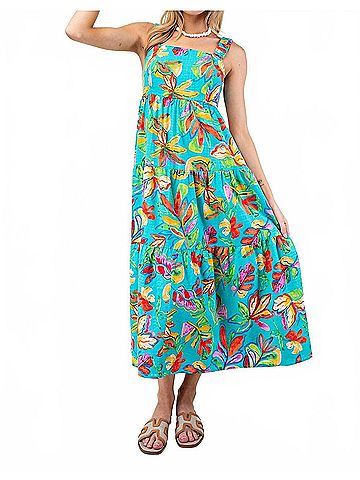 Easel Tropical Print Flowy Bow Back Maxi Dress in Aqua Blue (view 2)