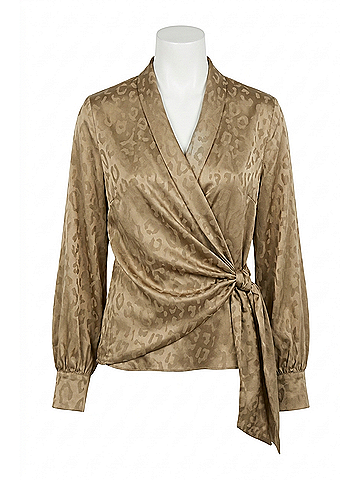 Joseph Ribkoff Animal Print Faux Wrap Long Puff Sleeves Top in Taupe (view 1)