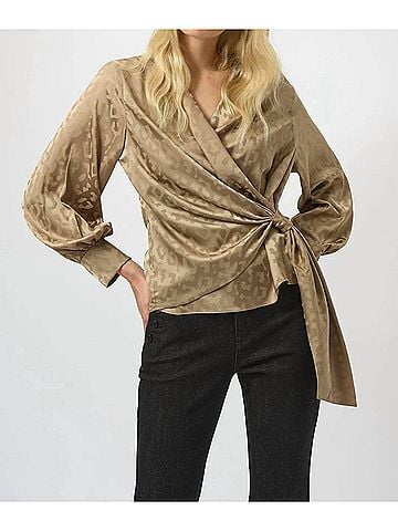 Joseph Ribkoff Animal Print Faux Wrap Long Puff Sleeves Top in Taupe (view 2)