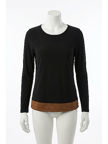 Joseph Ribkoff Silky Knit Suede Colour-Block Straight Top in Black/Brown (view 1)