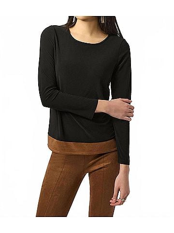 Joseph Ribkoff Silky Knit Suede Colour-Block Straight Top in Black/Brown (view 2)