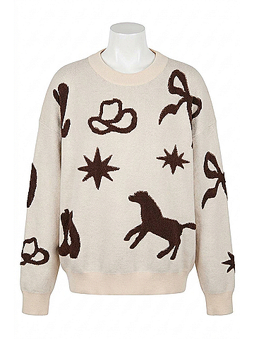 Le Lis Long Sleeve Crew Neck Multi Cowboy Pattern Sweater in Cream/Brown (view 1)