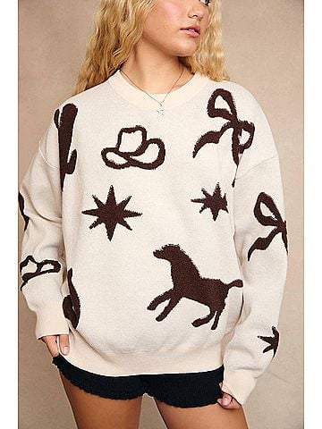 Le Lis Long Sleeve Crew Neck Multi Cowboy Pattern Sweater in Cream/Brown (view 2)