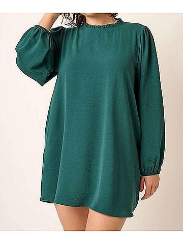 Mittoshop Plus - Airflow Ruffle Long Sleeve Mini Dress in Emerald Green (view 2)
