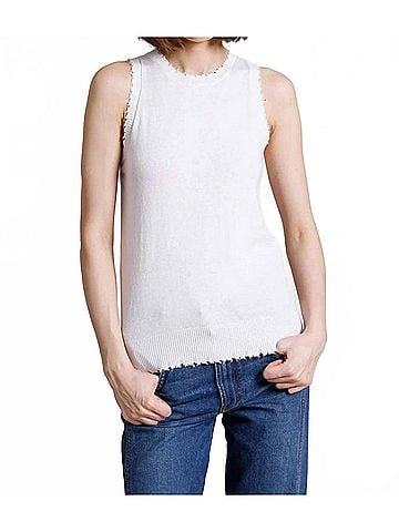 Minnie Rose Cotton Cashmere Frayed Tank in White (view 2)