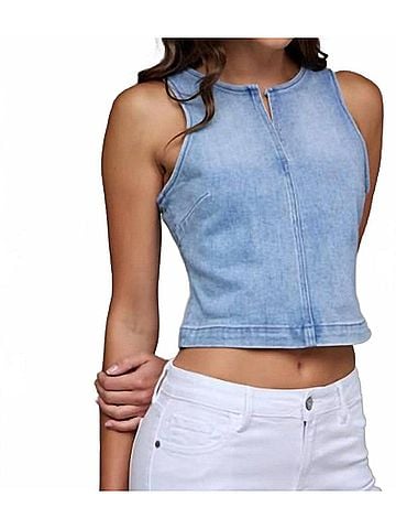 Hidden Jeans Bodycon Crew Neck Stretch Tank Top in Blue Denim (view 2)