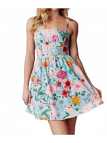 Peach Love Blossom Back Bow Dress in Blue Floral (view 2)
