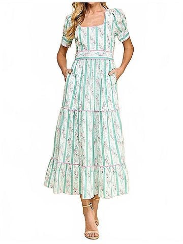TCEC Puff Sleeve Midi Dress in Pastel Floral Stripe (view 2)