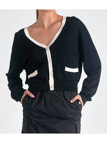 Elan Contrast Accent Cardigan in Black (view 2)