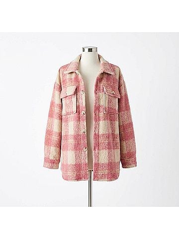 ePretty Fuzzy Plaid Button Down Shacket in Pink (view 1)