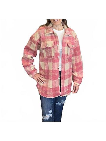 ePretty Fuzzy Plaid Button Down Shacket in Pink (view 2)