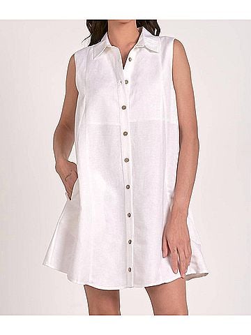 Elan Collared Linen Dress in White (view 2)