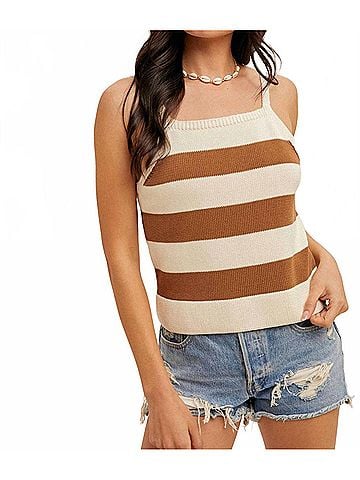 Hem & Thread Nancy Striped Sweater Top in Cream &amp; Tan (view 2)